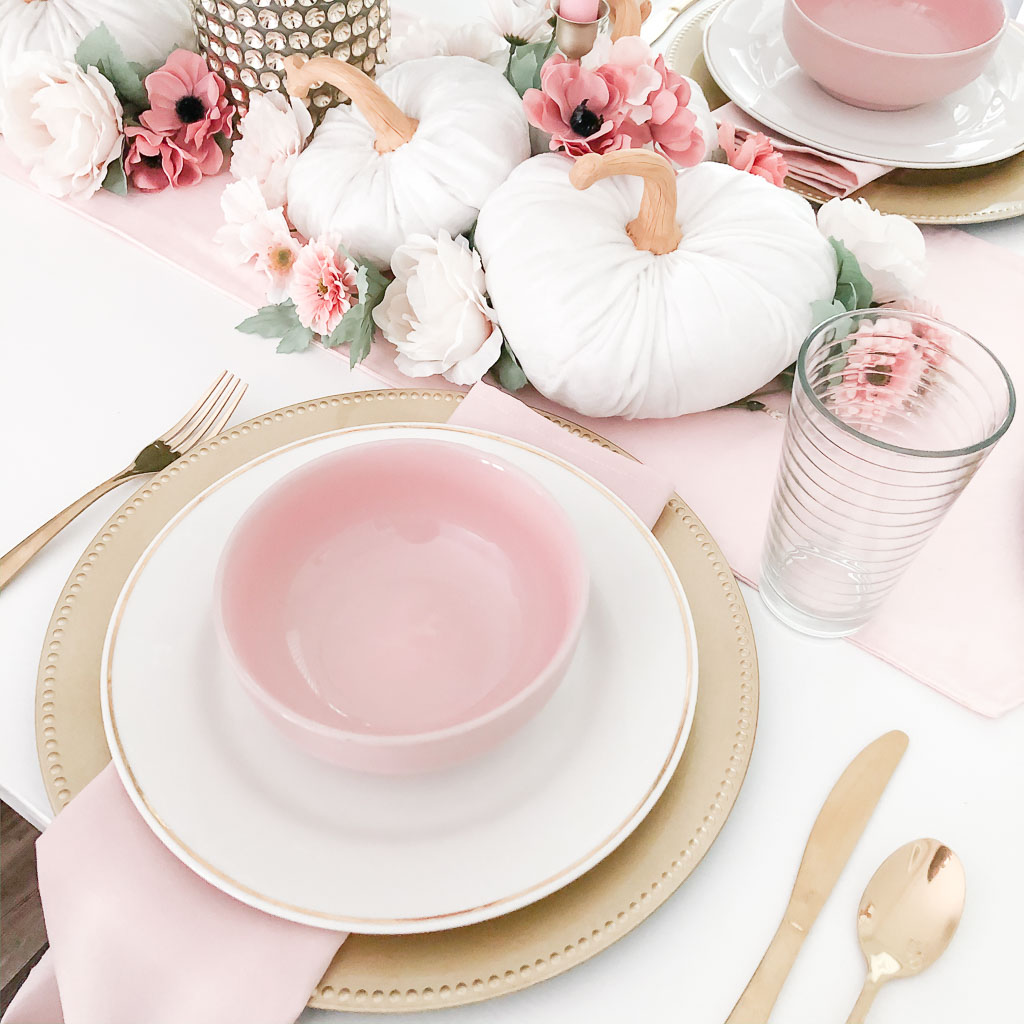 pink and white fall table setting